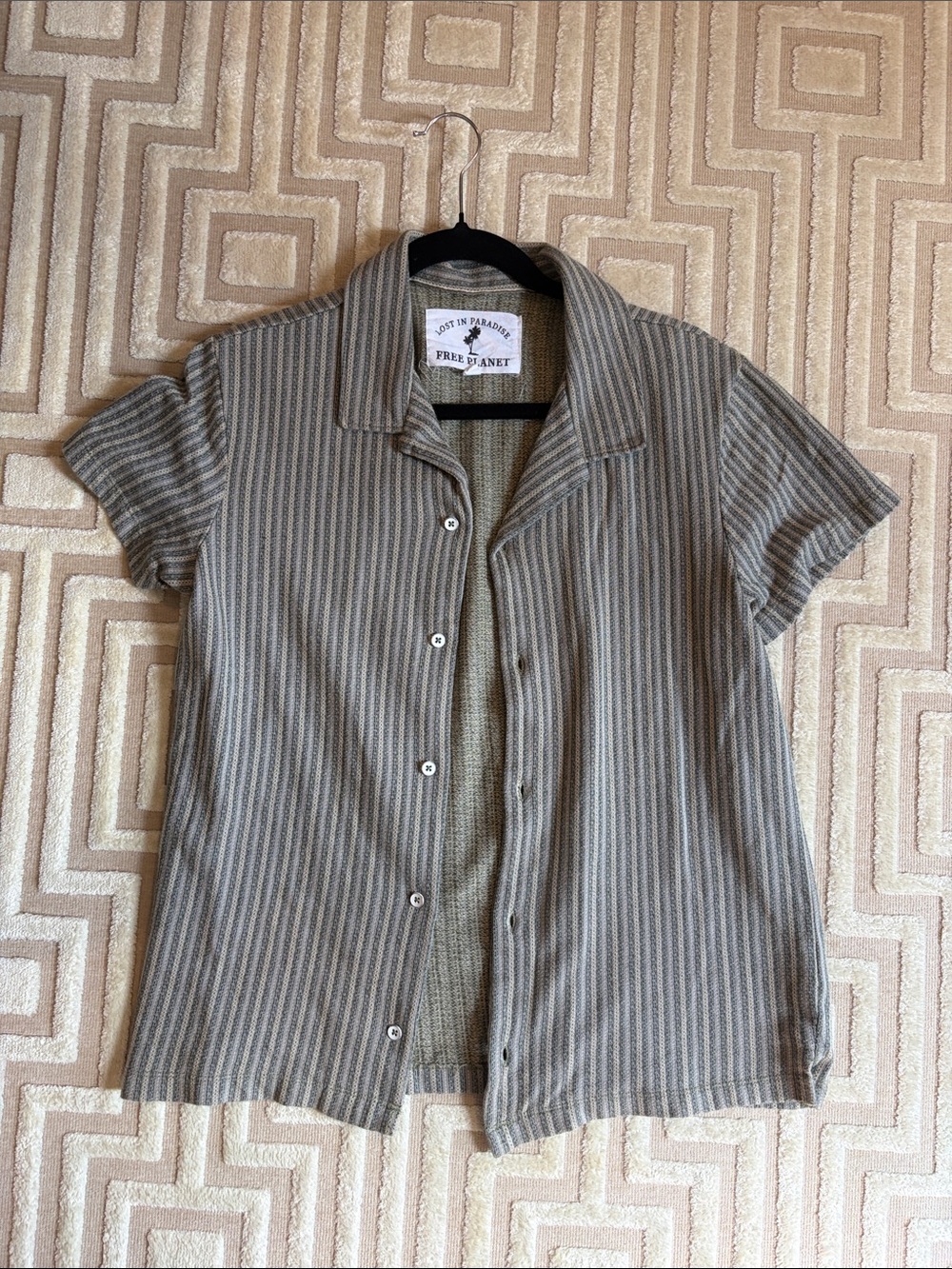 Free Planet Men's Short Sleeve Button-Up Shirt in Olive and Tan Stripe - Picture 1 of 5